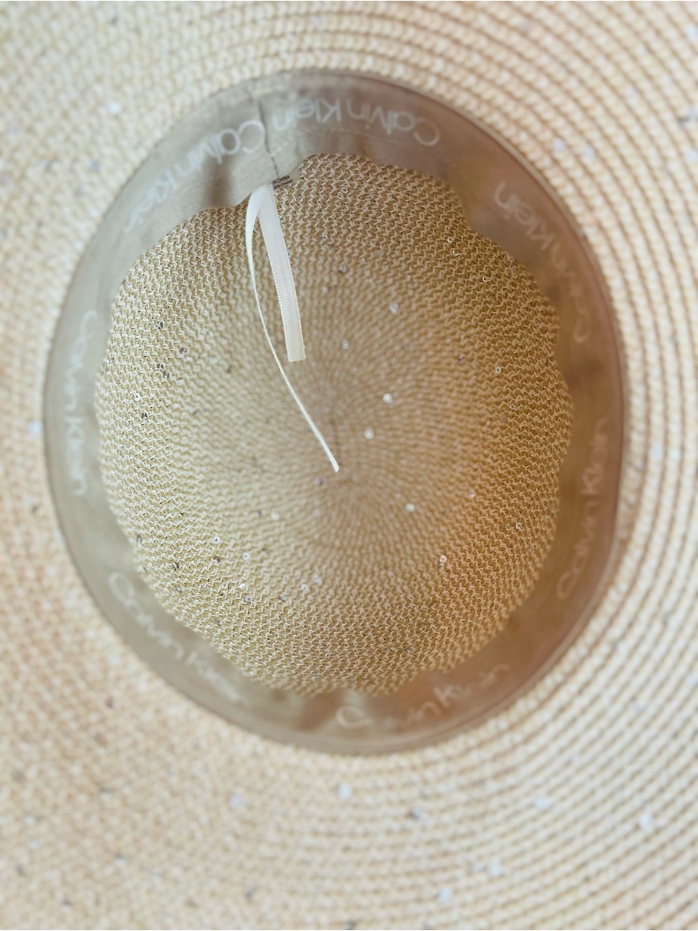 Calvin Klein Wide-Brim Woven Straw Beach Sun Hat Beige Cream Tan Light Sparkles - Picture 5 of 10